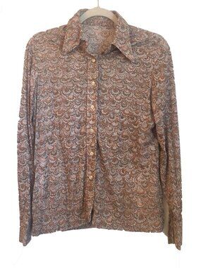 1970'S VINTAGE ABSTRACT PRINT POLYESTER LONGSLEEVE BLOUSE
